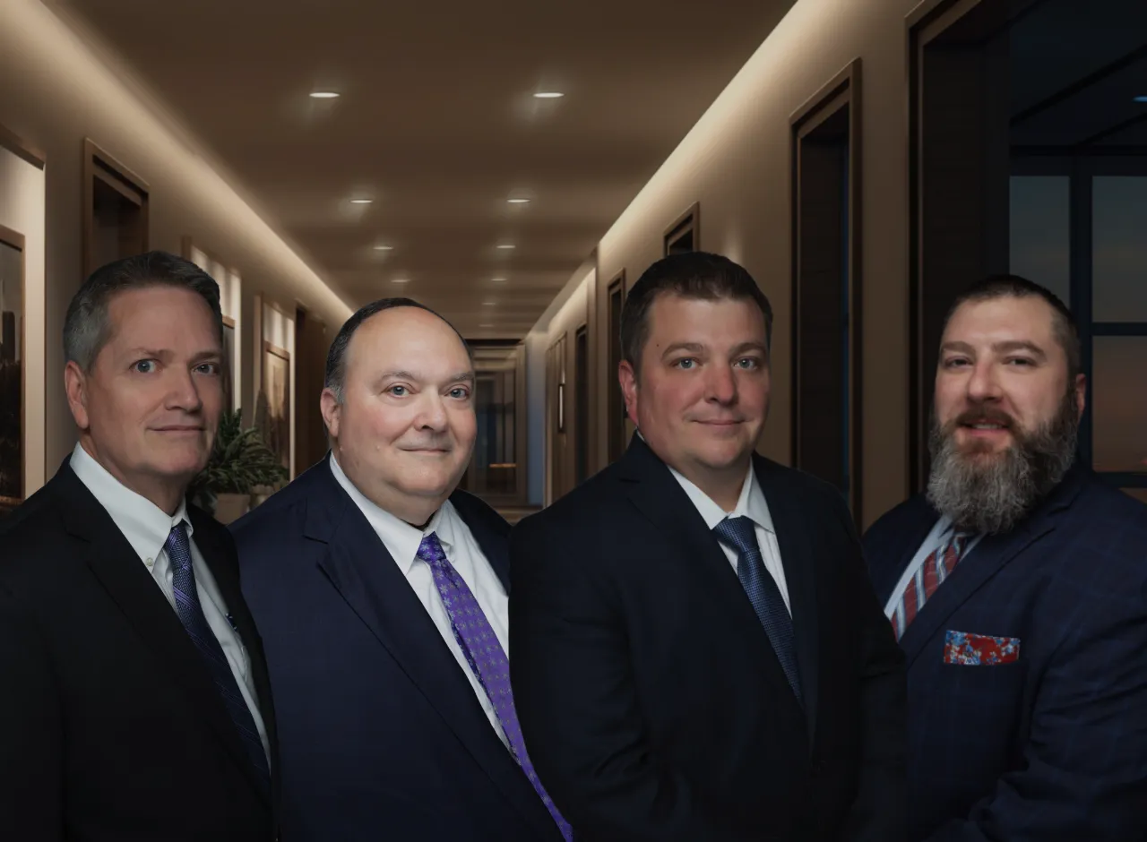 The four attorneys of The Lampin Law Firm standing together in the firm's office hallway